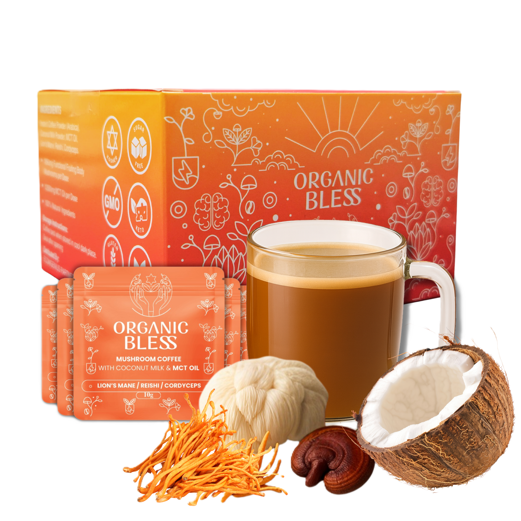 Mushroom Coffee with Coconut Milk & MCT Oil To-Go | Box of 10 Functional Sachets