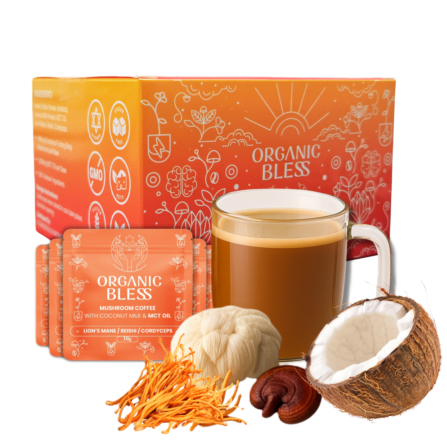 Mushroom Coffee with Coconut Milk & MCT Oil To-Go | Box of 10 Functional Sachets