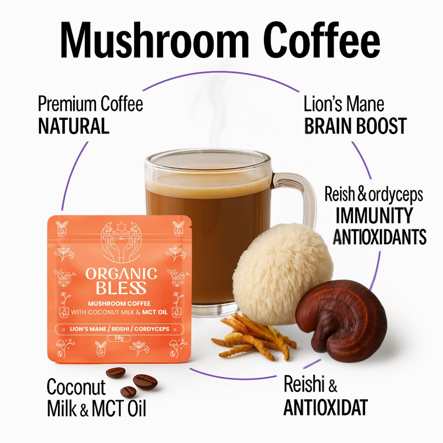 Mushroom Coffee with Coconut Milk & MCT Oil To-Go | Box of 10 Functional Sachets