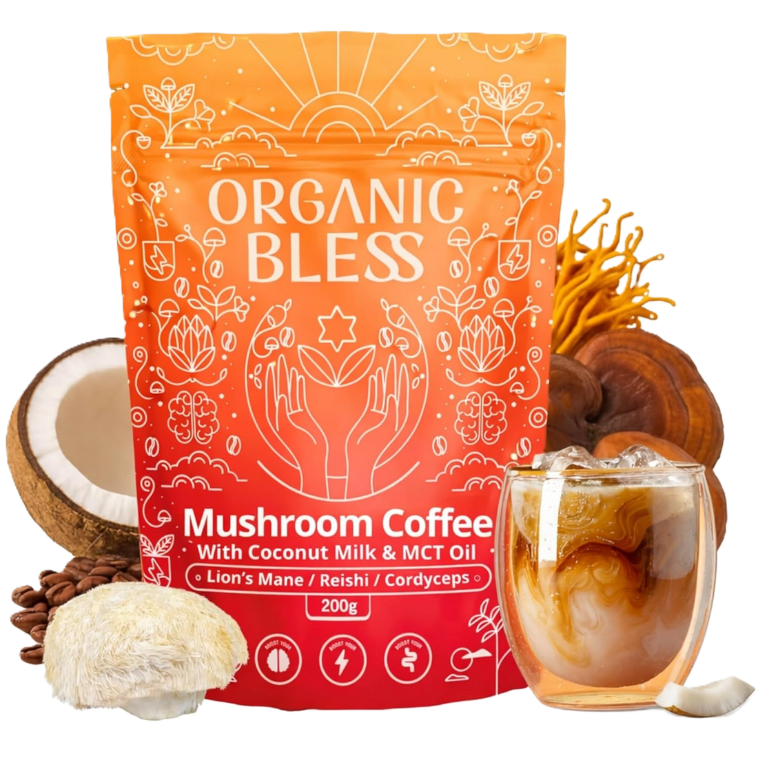 Organic Bless mushroom coffee with raw ingredients