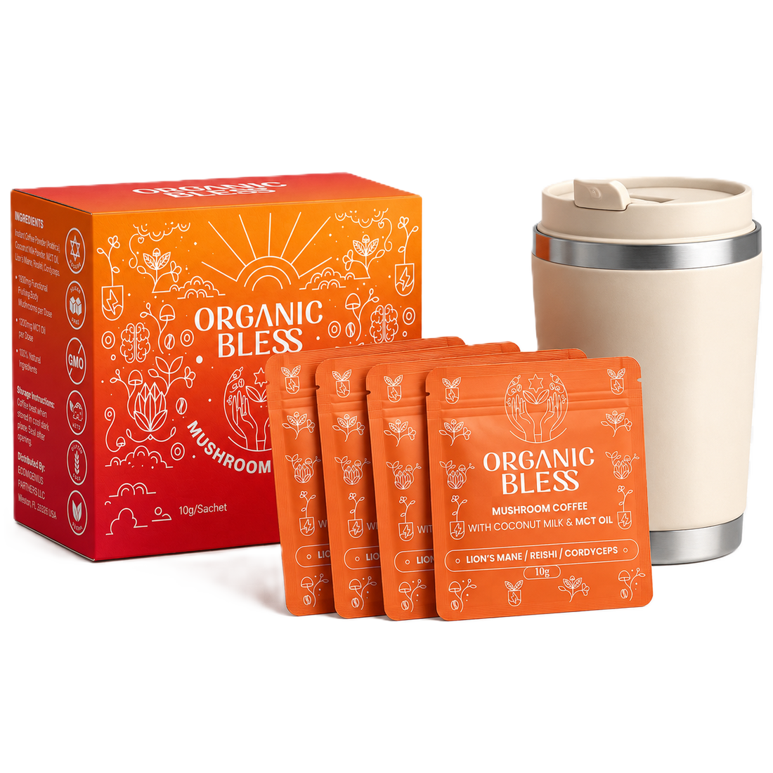 Organic Bless mushroom coffee - box, latte and travel sachets